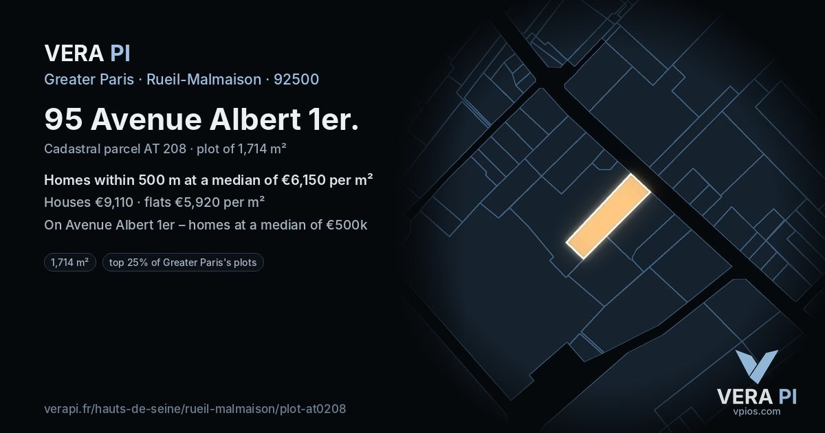 95 Avenue Albert 1er, Rueil-Malmaison at night – the plot lit, the parcels around coloured by the prices near them