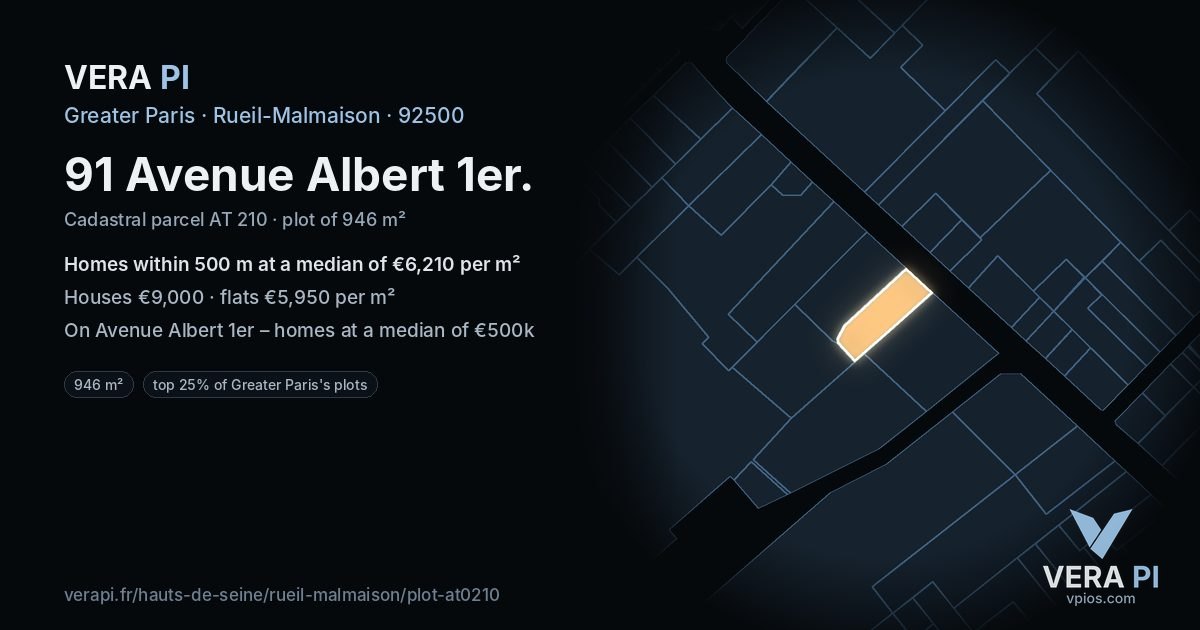 91 Avenue Albert 1er, Rueil-Malmaison at night – the plot lit, the parcels around coloured by the prices near them