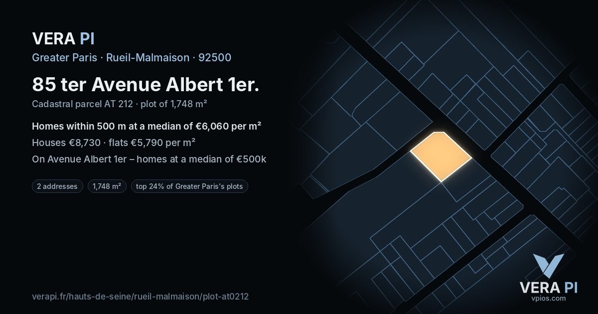 85 ter Avenue Albert 1er, Rueil-Malmaison at night – the plot lit, the parcels around coloured by the prices near them