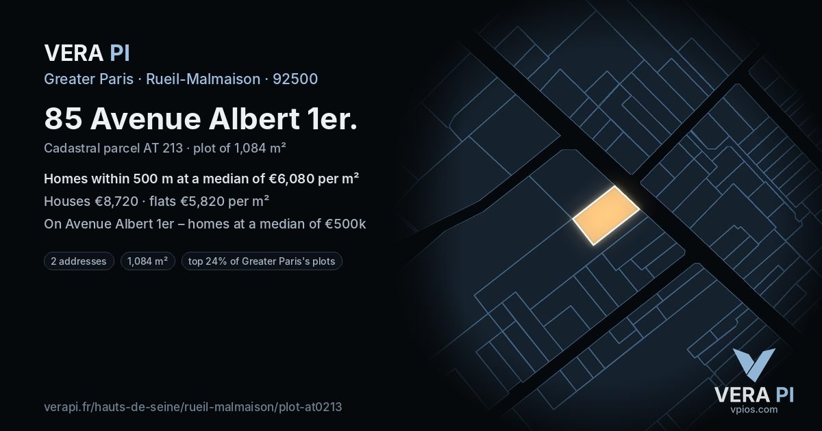 85 Avenue Albert 1er, Rueil-Malmaison at night – the plot lit, the parcels around coloured by the prices near them