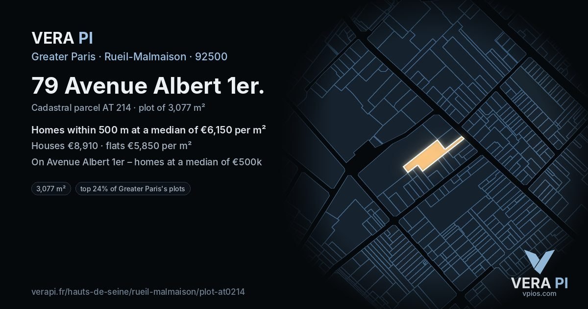 79 Avenue Albert 1er, Rueil-Malmaison at night – the plot lit, the parcels around coloured by the prices near them