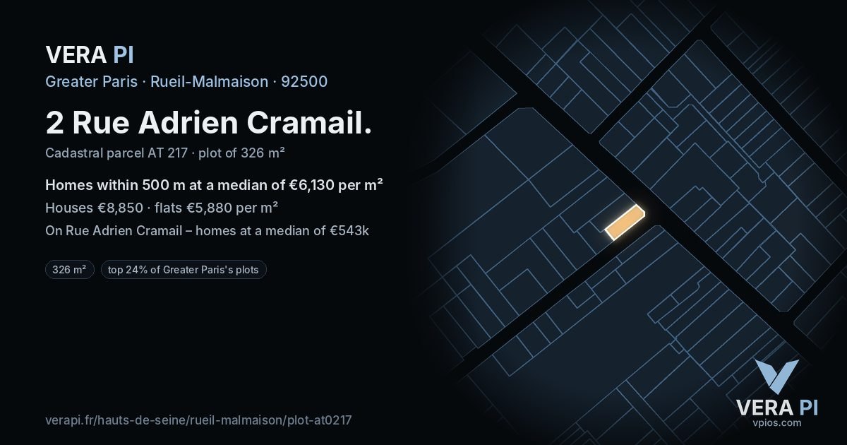 2 Rue Adrien Cramail, Rueil-Malmaison at night – the plot lit, the parcels around coloured by the prices near them