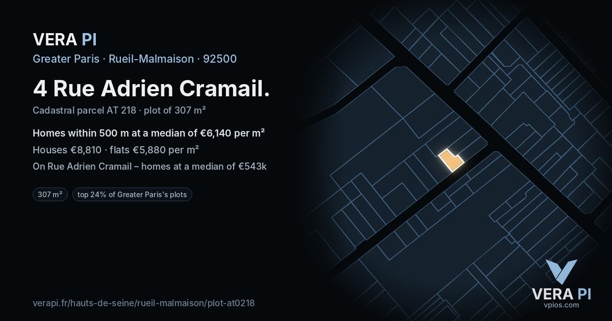 4 Rue Adrien Cramail, Rueil-Malmaison at night – the plot lit, the parcels around coloured by the prices near them