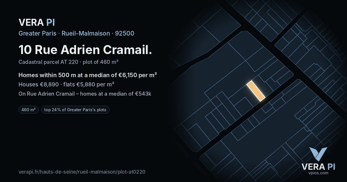 10 Rue Adrien Cramail, Rueil-Malmaison at night – the plot lit, the parcels around coloured by the prices near them