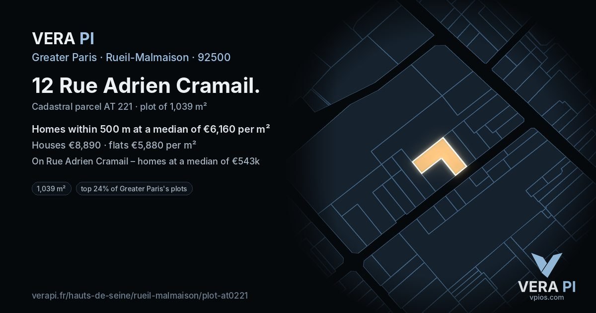 12 Rue Adrien Cramail, Rueil-Malmaison at night – the plot lit, the parcels around coloured by the prices near them