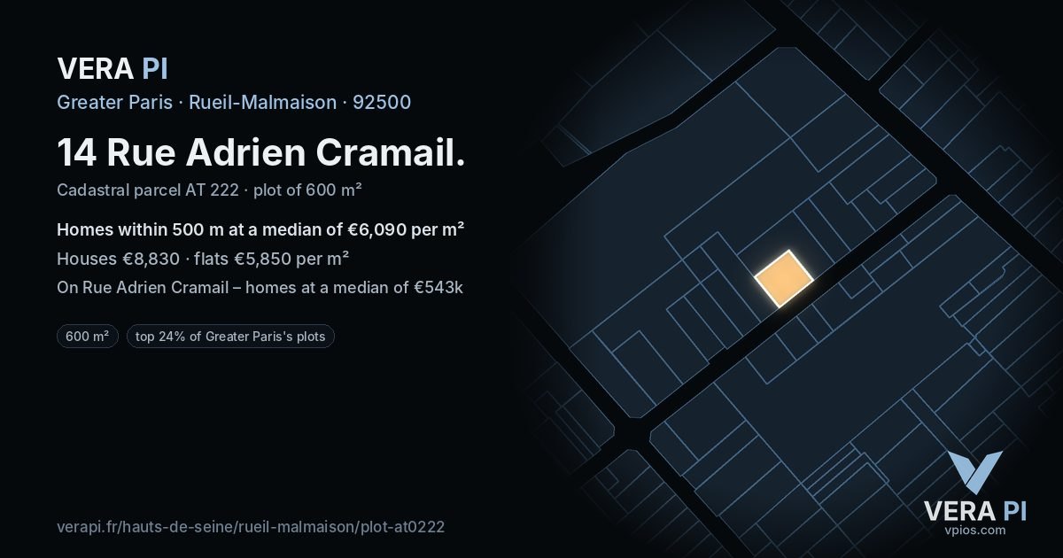 14 Rue Adrien Cramail, Rueil-Malmaison at night – the plot lit, the parcels around coloured by the prices near them