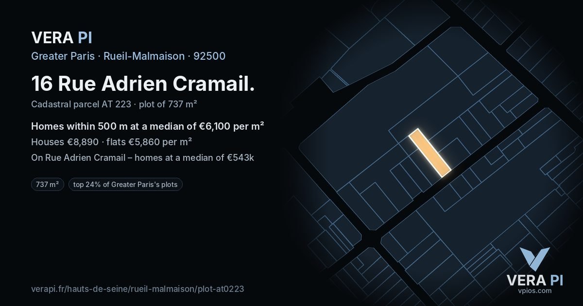 16 Rue Adrien Cramail, Rueil-Malmaison at night – the plot lit, the parcels around coloured by the prices near them
