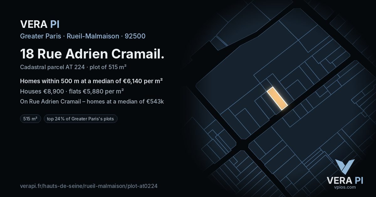 18 Rue Adrien Cramail, Rueil-Malmaison at night – the plot lit, the parcels around coloured by the prices near them