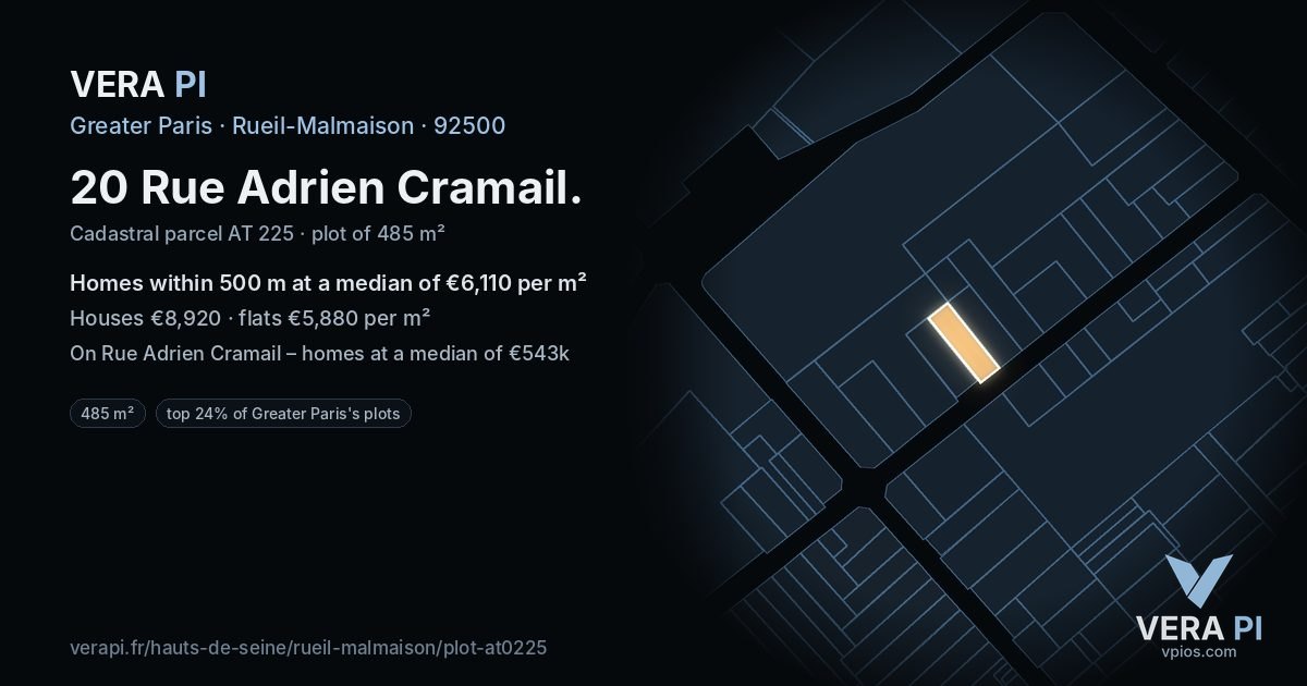 20 Rue Adrien Cramail, Rueil-Malmaison at night – the plot lit, the parcels around coloured by the prices near them