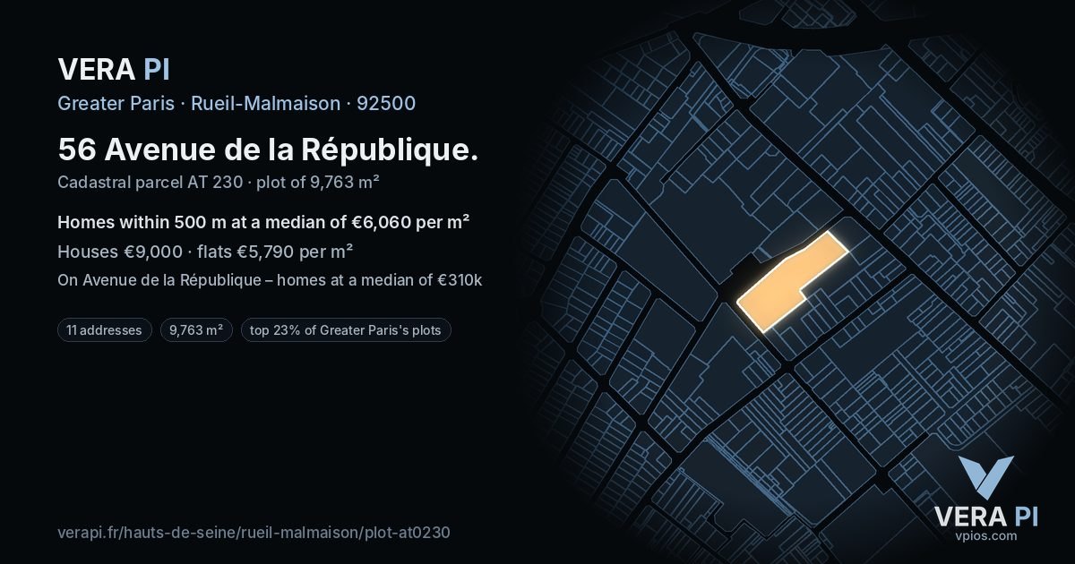 56 Avenue de la République, Rueil-Malmaison at night – the plot lit, the parcels around coloured by the prices near them