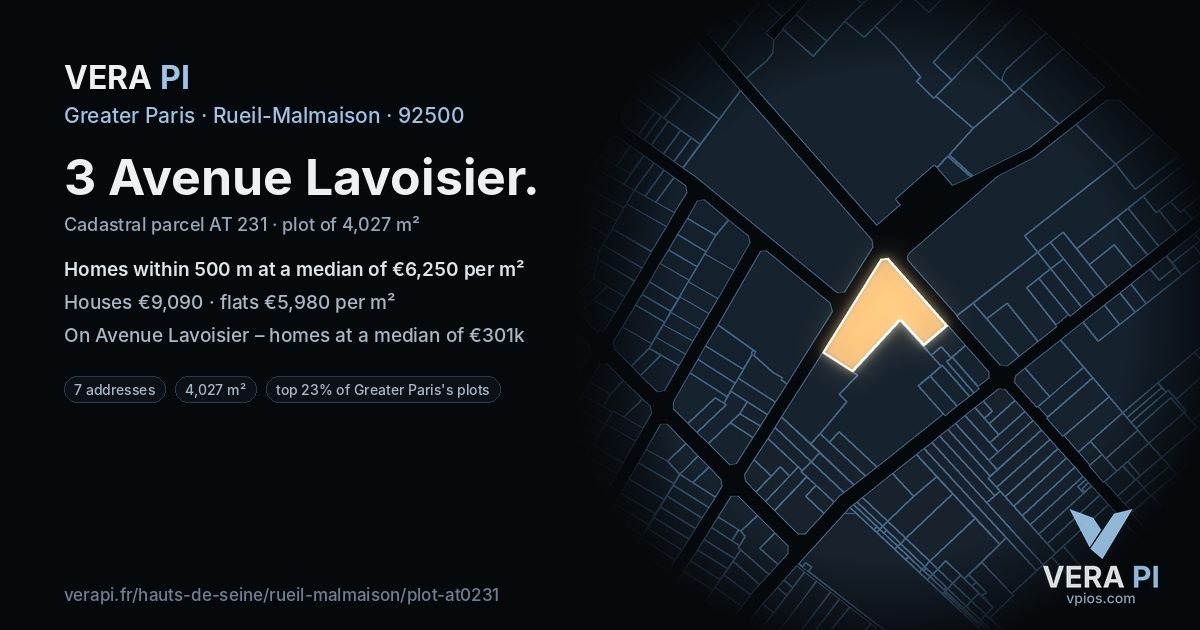 3 Avenue Lavoisier, Rueil-Malmaison at night – the plot lit, the parcels around coloured by the prices near them