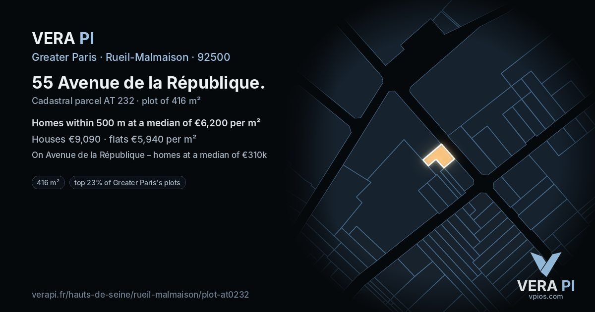 55 Avenue de la République, Rueil-Malmaison at night – the plot lit, the parcels around coloured by the prices near them