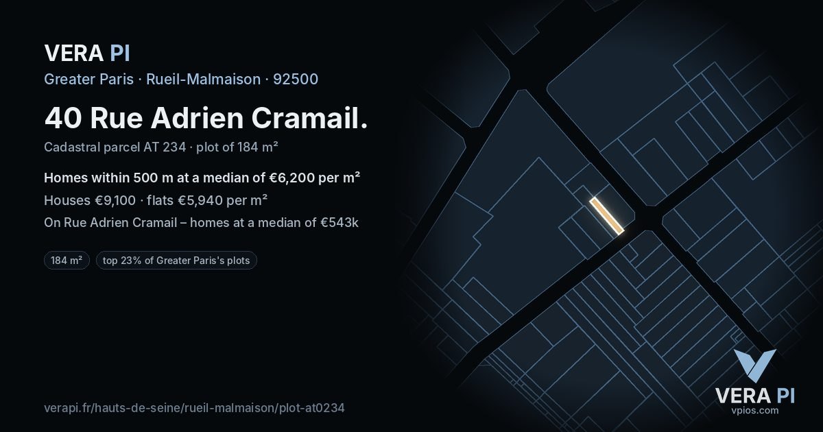 40 Rue Adrien Cramail, Rueil-Malmaison at night – the plot lit, the parcels around coloured by the prices near them