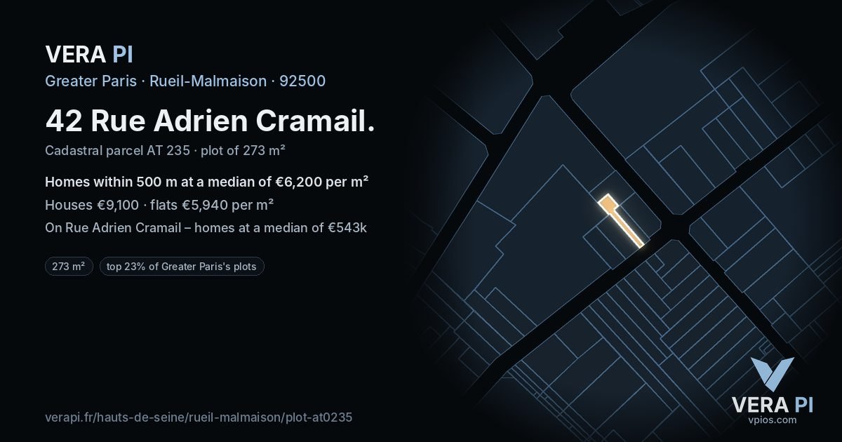 42 Rue Adrien Cramail, Rueil-Malmaison at night – the plot lit, the parcels around coloured by the prices near them