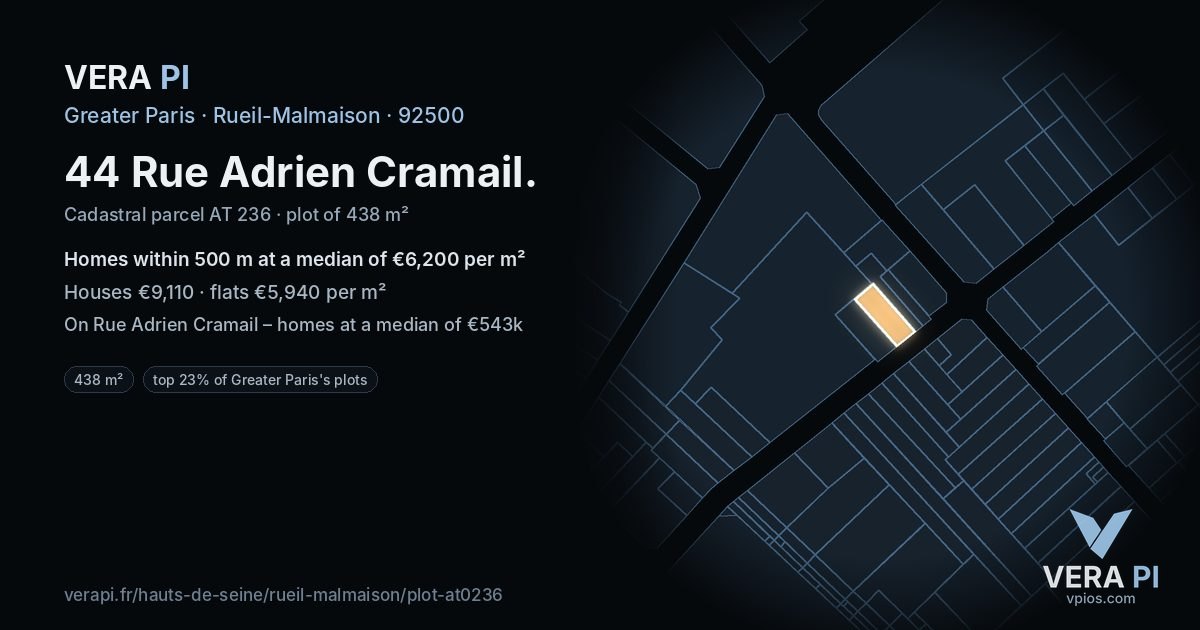 44 Rue Adrien Cramail, Rueil-Malmaison at night – the plot lit, the parcels around coloured by the prices near them