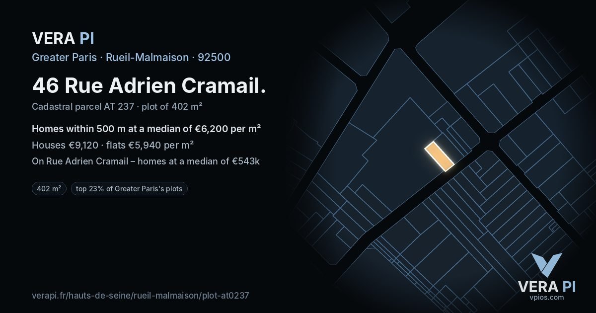 46 Rue Adrien Cramail, Rueil-Malmaison at night – the plot lit, the parcels around coloured by the prices near them