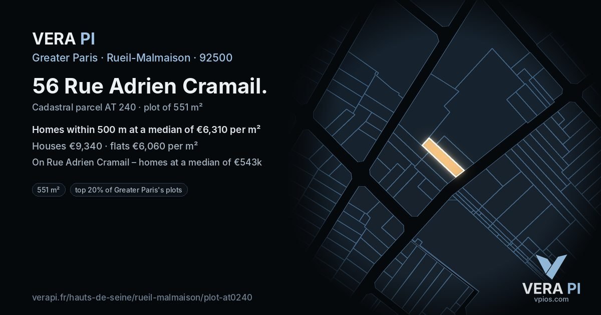 56 Rue Adrien Cramail, Rueil-Malmaison at night – the plot lit, the parcels around coloured by the prices near them