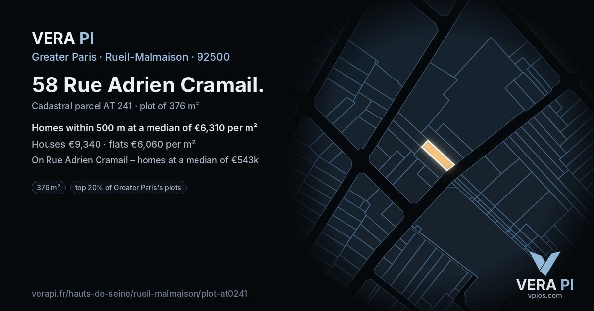 58 Rue Adrien Cramail, Rueil-Malmaison at night – the plot lit, the parcels around coloured by the prices near them