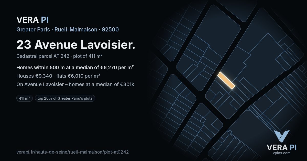 23 Avenue Lavoisier, Rueil-Malmaison at night – the plot lit, the parcels around coloured by the prices near them