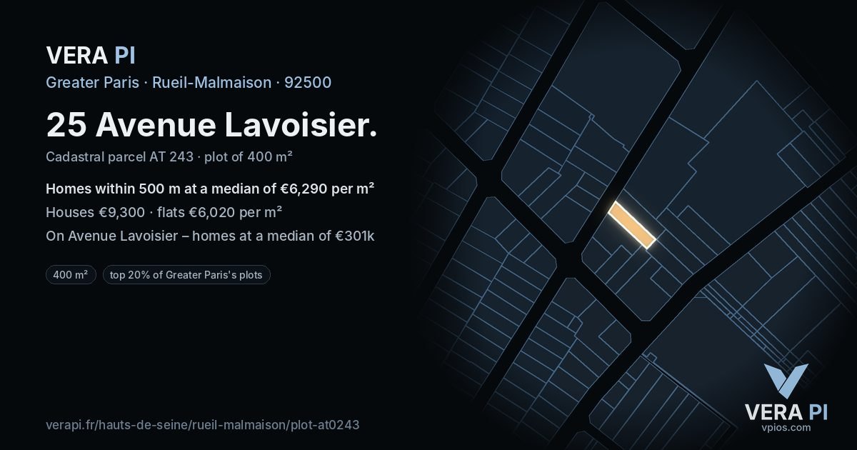25 Avenue Lavoisier, Rueil-Malmaison at night – the plot lit, the parcels around coloured by the prices near them