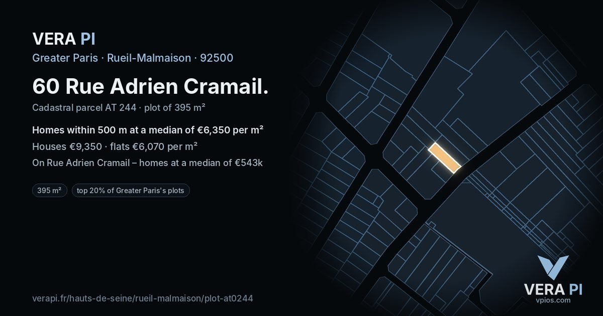 60 Rue Adrien Cramail, Rueil-Malmaison at night – the plot lit, the parcels around coloured by the prices near them