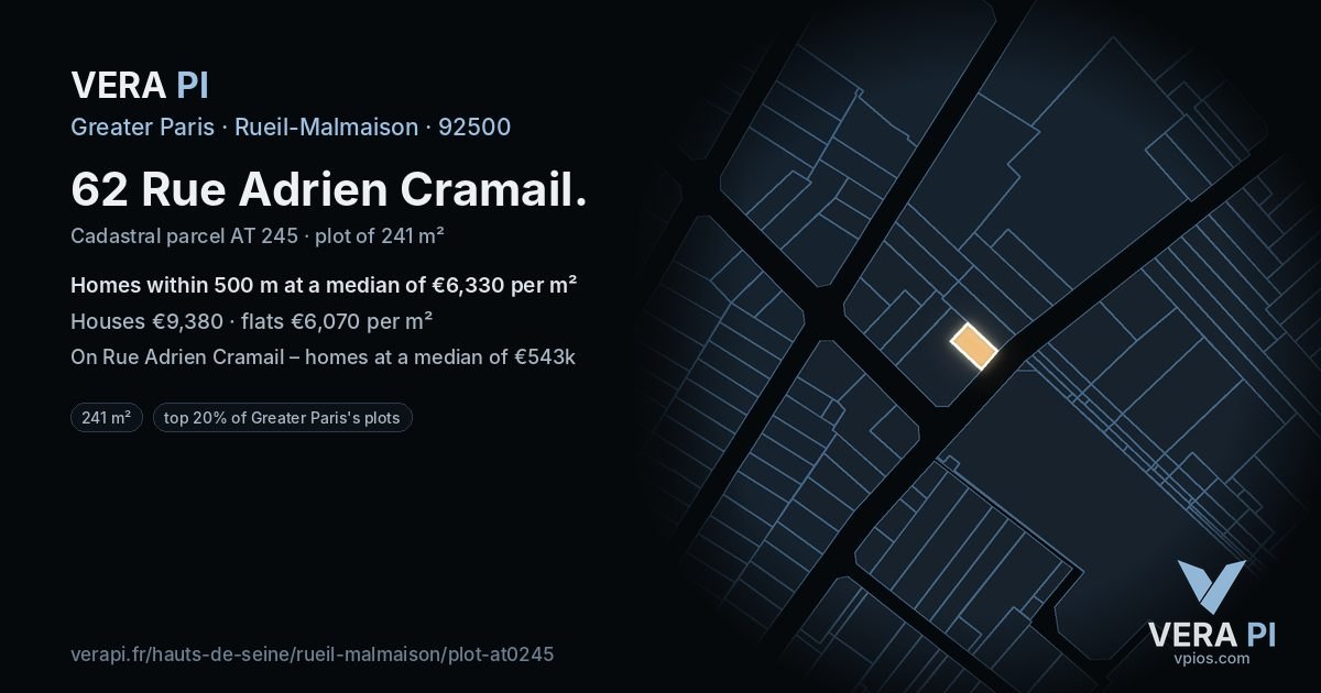 62 Rue Adrien Cramail, Rueil-Malmaison at night – the plot lit, the parcels around coloured by the prices near them