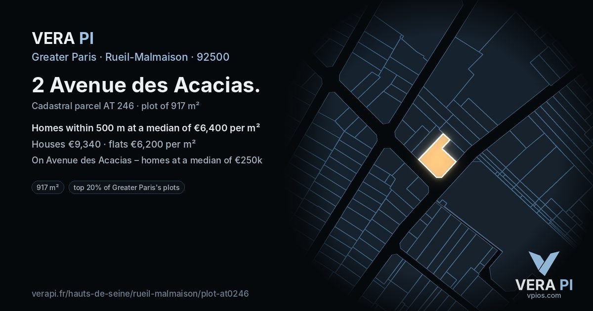 2 Avenue des Acacias, Rueil-Malmaison at night – the plot lit, the parcels around coloured by the prices near them