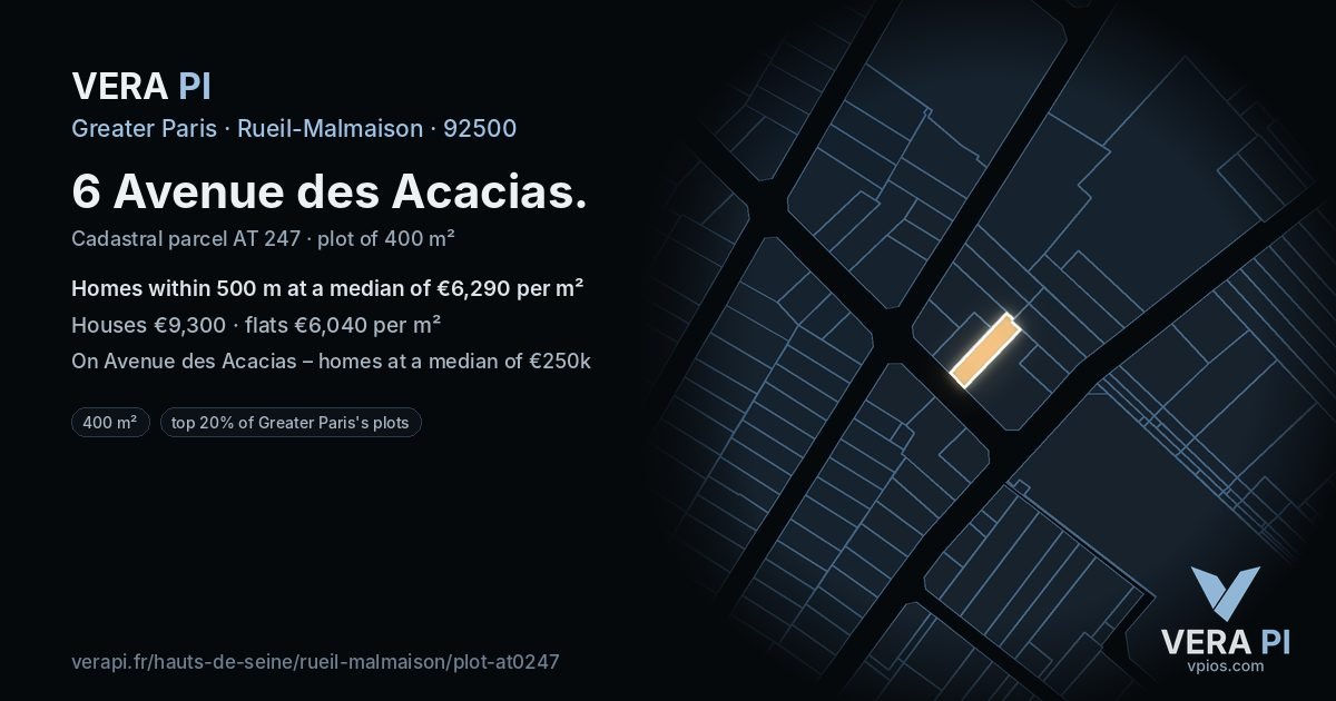 6 Avenue des Acacias, Rueil-Malmaison at night – the plot lit, the parcels around coloured by the prices near them