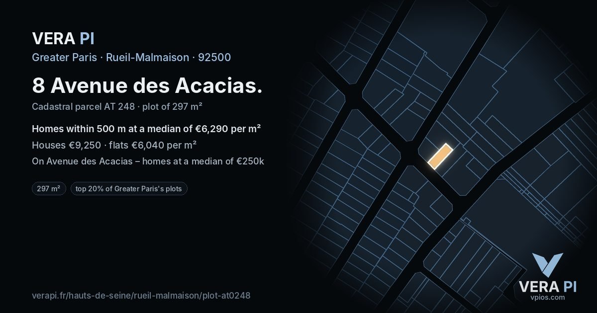 8 Avenue des Acacias, Rueil-Malmaison at night – the plot lit, the parcels around coloured by the prices near them