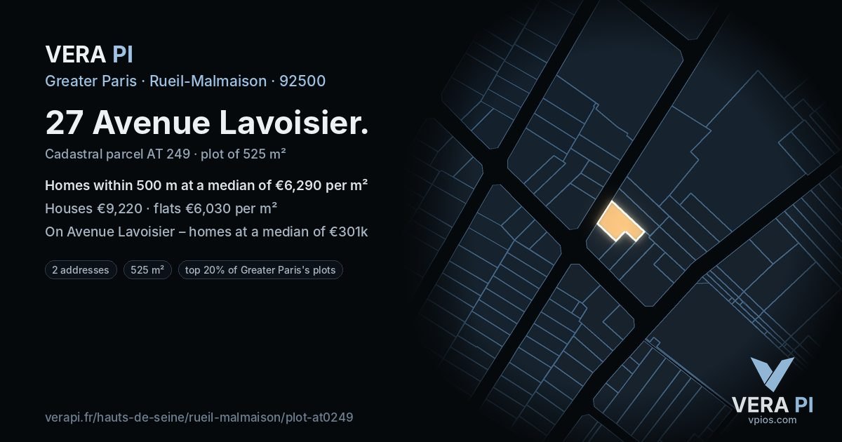 27 Avenue Lavoisier, Rueil-Malmaison at night – the plot lit, the parcels around coloured by the prices near them