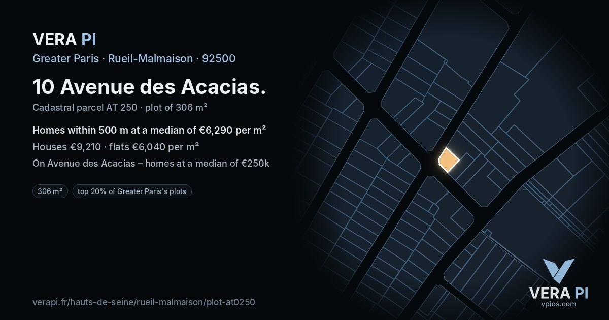 10 Avenue des Acacias, Rueil-Malmaison at night – the plot lit, the parcels around coloured by the prices near them