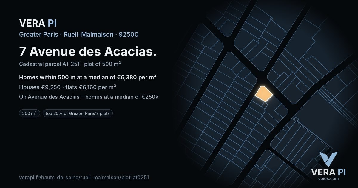 7 Avenue des Acacias, Rueil-Malmaison at night – the plot lit, the parcels around coloured by the prices near them