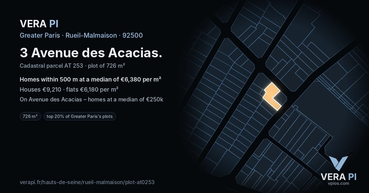 3 Avenue des Acacias, Rueil-Malmaison at night – the plot lit, the parcels around coloured by the prices near them
