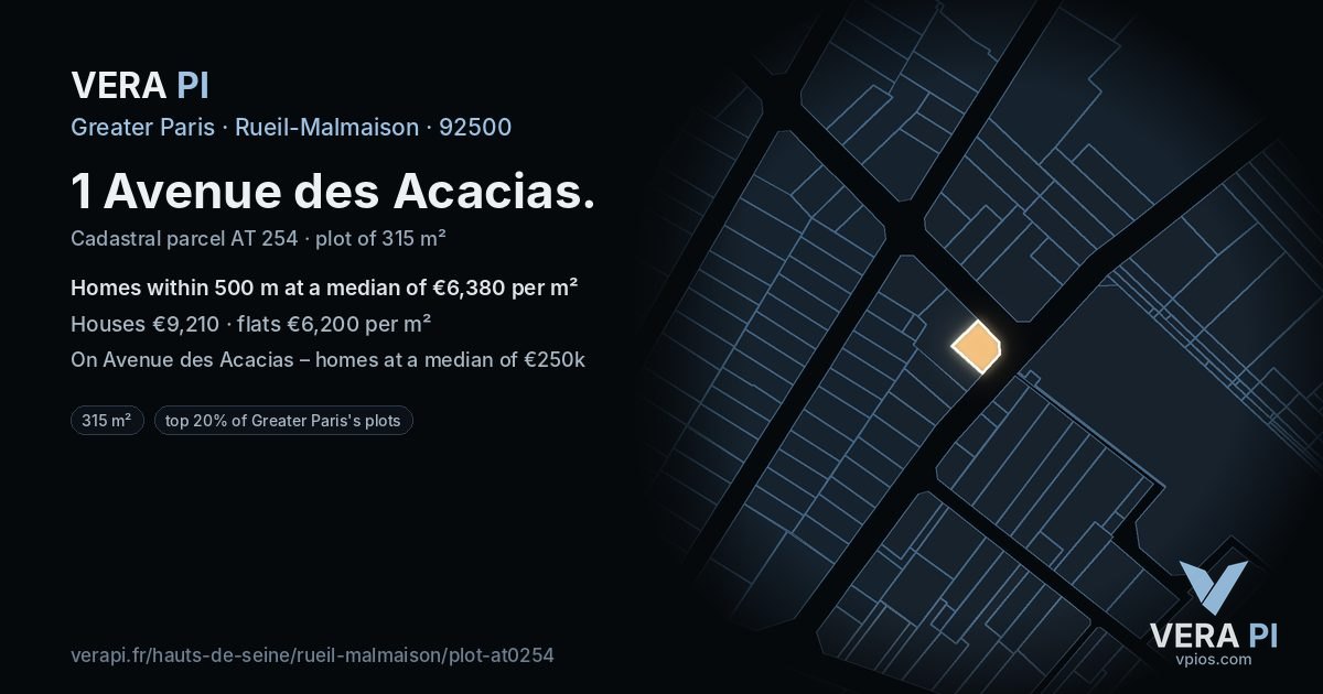 1 Avenue des Acacias, Rueil-Malmaison at night – the plot lit, the parcels around coloured by the prices near them