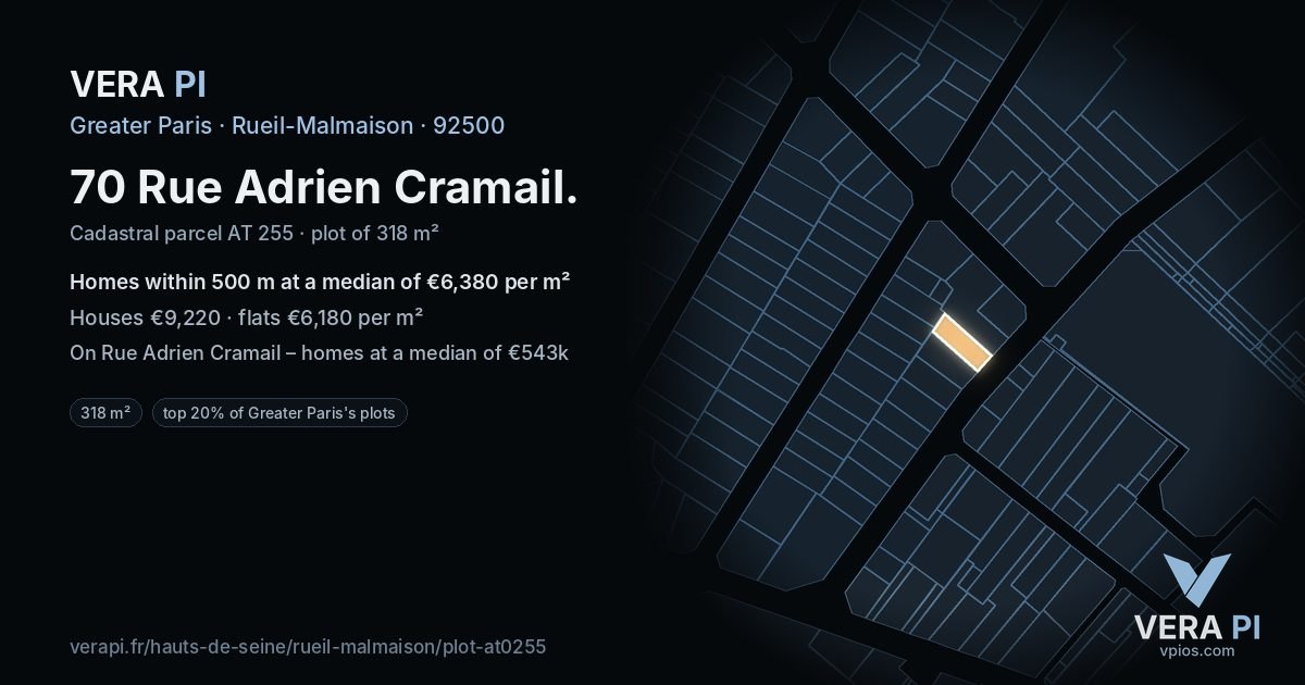 70 Rue Adrien Cramail, Rueil-Malmaison at night – the plot lit, the parcels around coloured by the prices near them