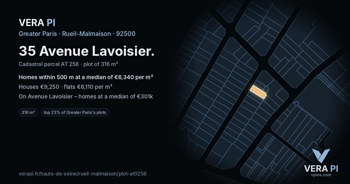 35 Avenue Lavoisier, Rueil-Malmaison at night – the plot lit, the parcels around coloured by the prices near them