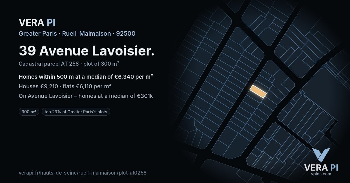 39 Avenue Lavoisier, Rueil-Malmaison at night – the plot lit, the parcels around coloured by the prices near them