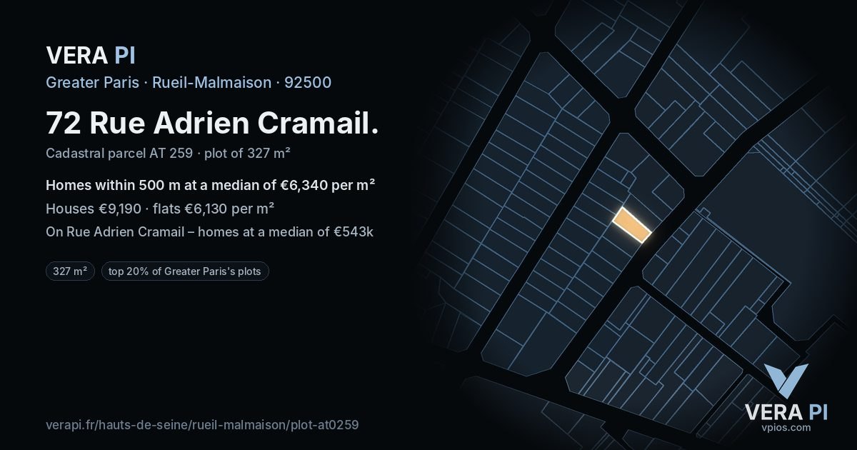 72 Rue Adrien Cramail, Rueil-Malmaison at night – the plot lit, the parcels around coloured by the prices near them
