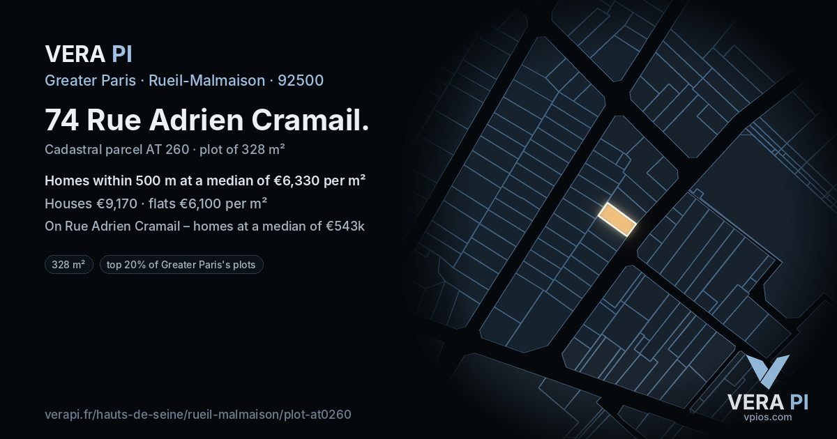 74 Rue Adrien Cramail, Rueil-Malmaison at night – the plot lit, the parcels around coloured by the prices near them