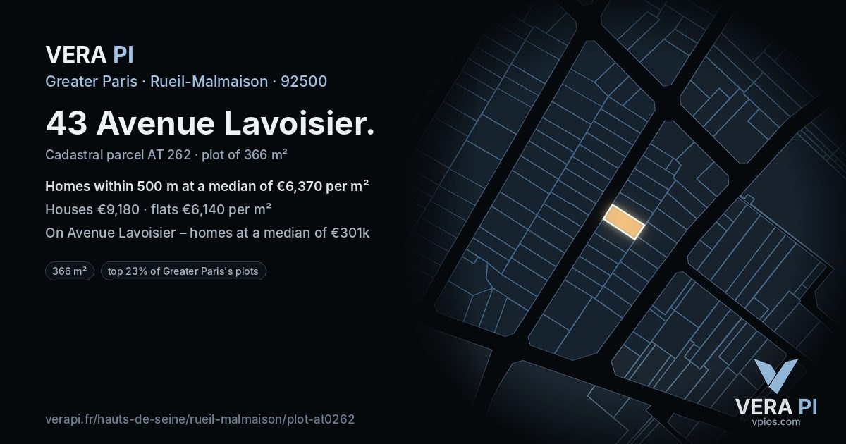 43 Avenue Lavoisier, Rueil-Malmaison at night – the plot lit, the parcels around coloured by the prices near them