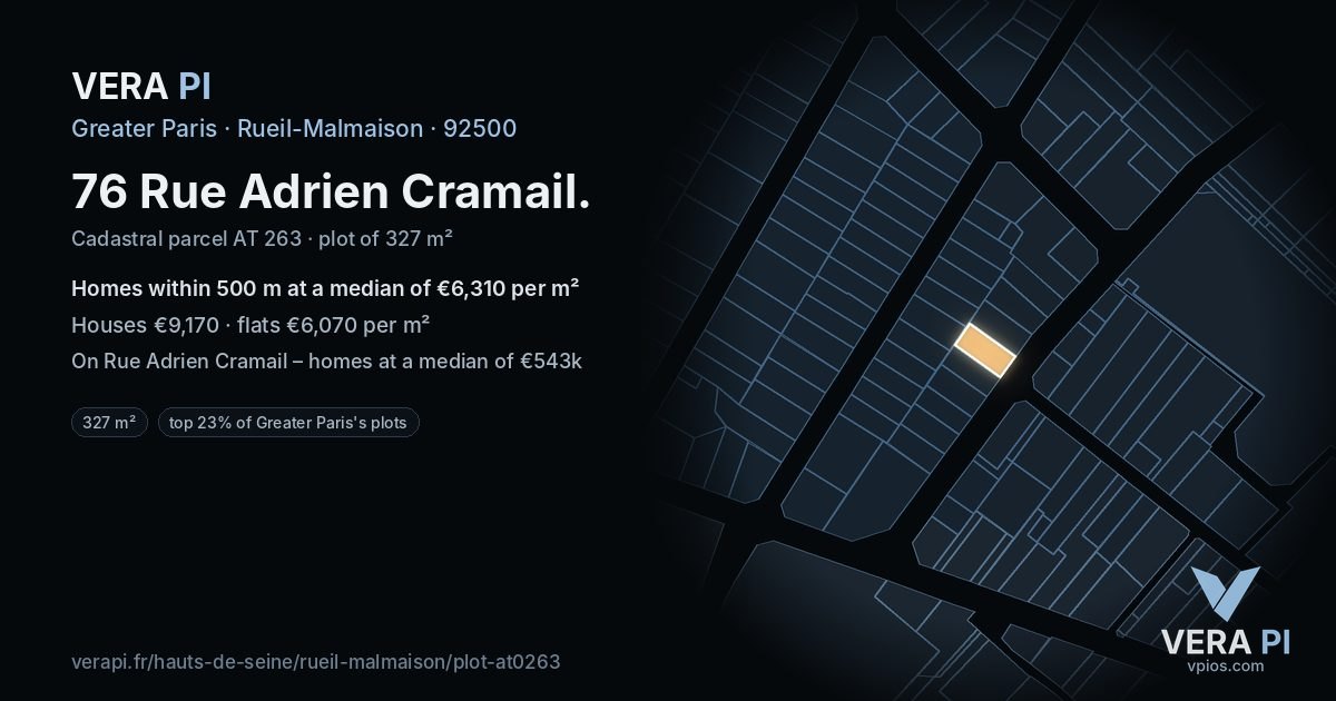 76 Rue Adrien Cramail, Rueil-Malmaison at night – the plot lit, the parcels around coloured by the prices near them