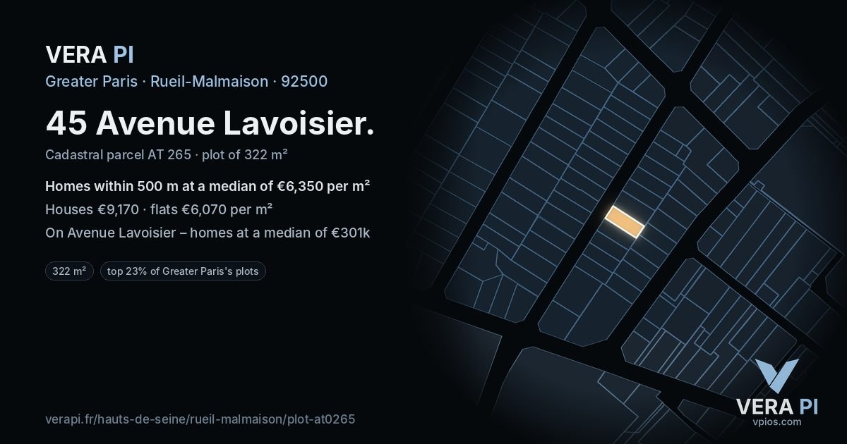 45 Avenue Lavoisier, Rueil-Malmaison at night – the plot lit, the parcels around coloured by the prices near them