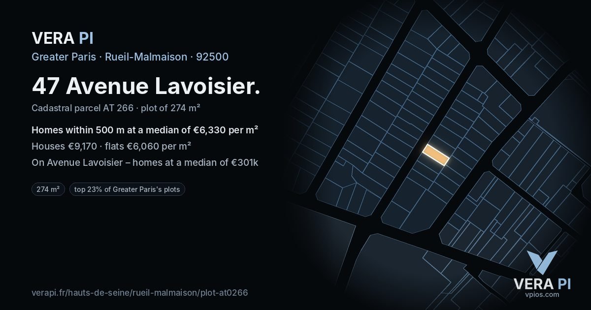 47 Avenue Lavoisier, Rueil-Malmaison at night – the plot lit, the parcels around coloured by the prices near them