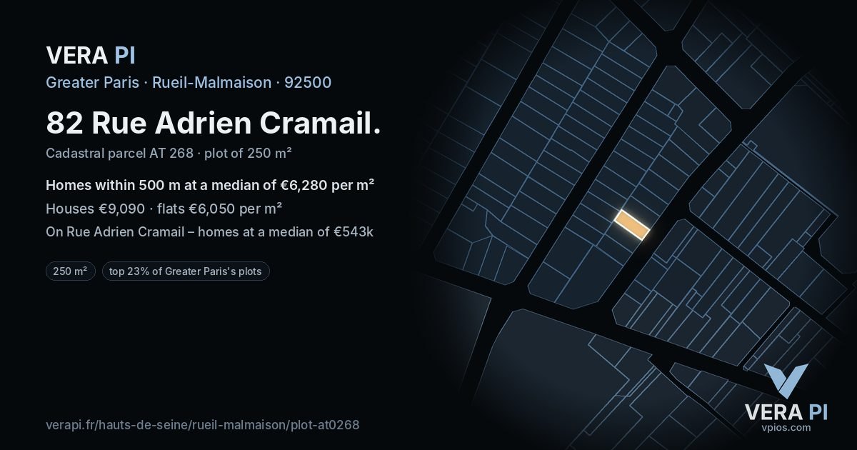 82 Rue Adrien Cramail, Rueil-Malmaison at night – the plot lit, the parcels around coloured by the prices near them