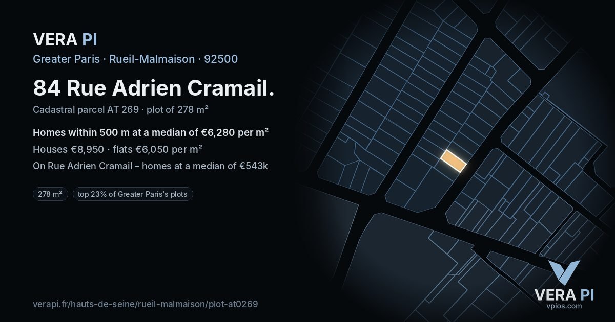 84 Rue Adrien Cramail, Rueil-Malmaison at night – the plot lit, the parcels around coloured by the prices near them