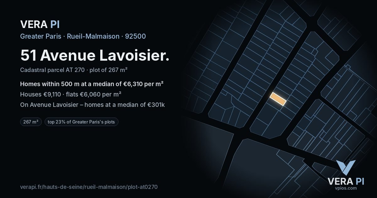 51 Avenue Lavoisier, Rueil-Malmaison at night – the plot lit, the parcels around coloured by the prices near them