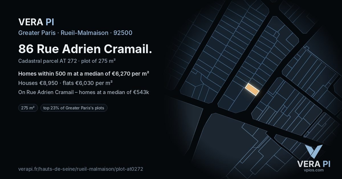 86 Rue Adrien Cramail, Rueil-Malmaison at night – the plot lit, the parcels around coloured by the prices near them