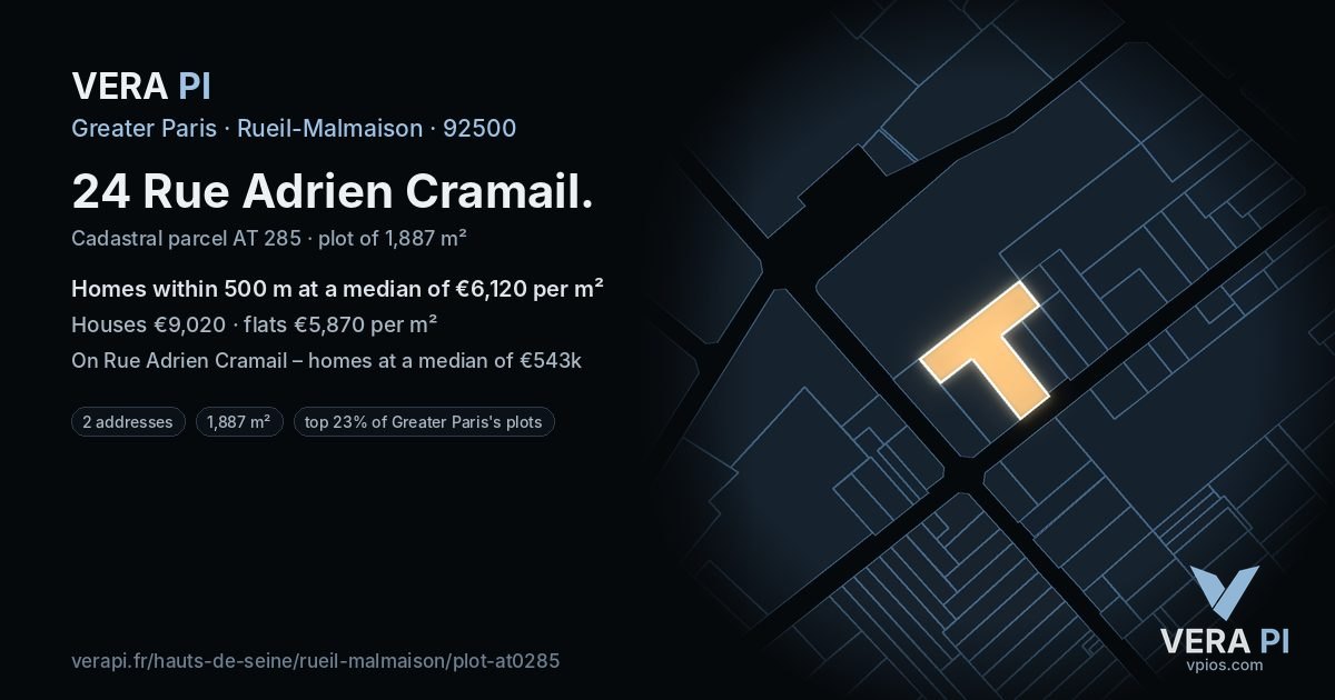 24 Rue Adrien Cramail, Rueil-Malmaison at night – the plot lit, the parcels around coloured by the prices near them