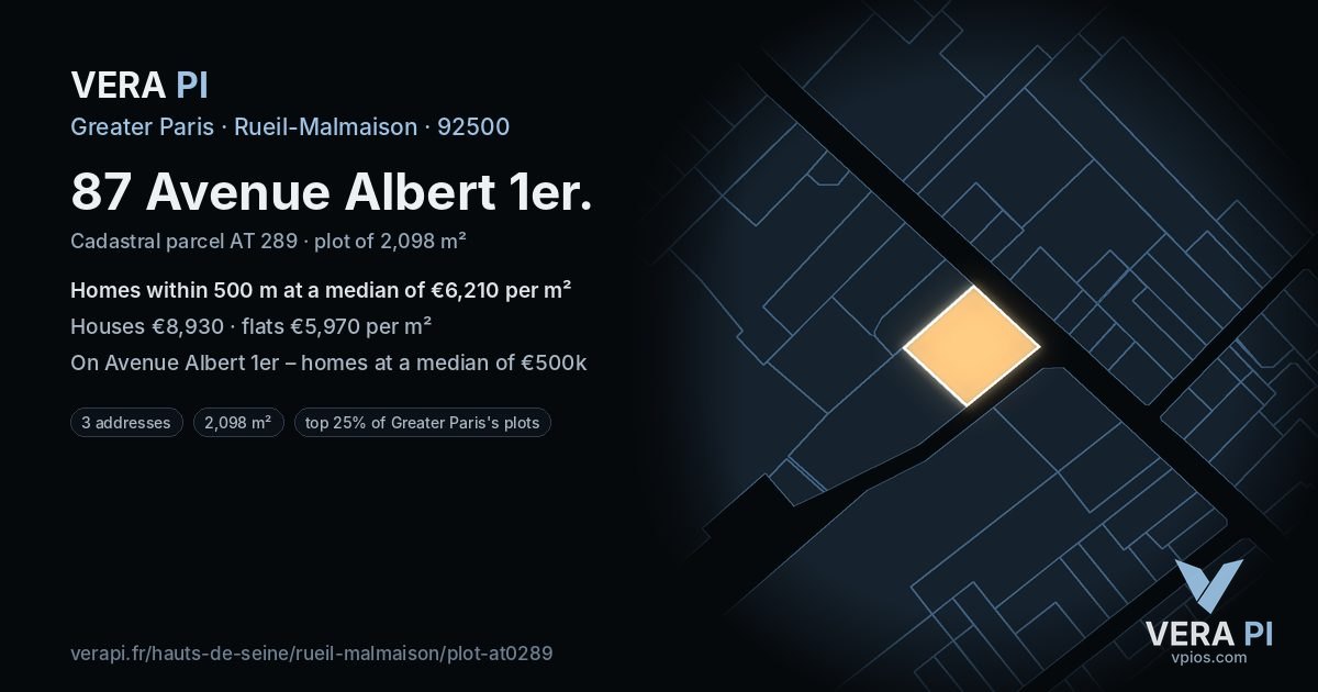 87 Avenue Albert 1er, Rueil-Malmaison at night – the plot lit, the parcels around coloured by the prices near them