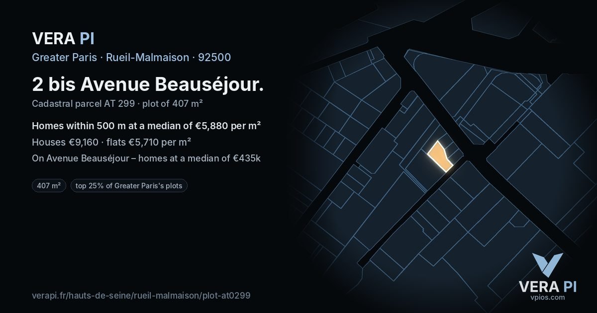 2 bis Avenue Beauséjour, Rueil-Malmaison at night – the plot lit, the parcels around coloured by the prices near them